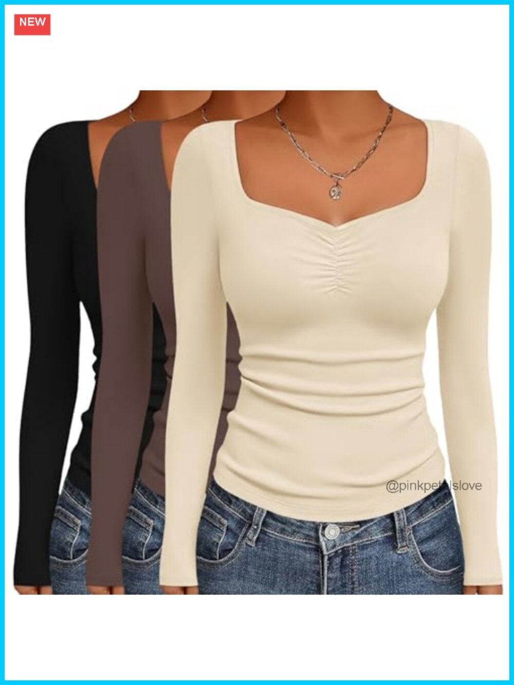 Womens Long Sleeve Fitted Sweetheart Neck Layering Tee 3 Pack